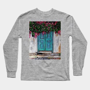 Door with Bougainvillea and a Cat Long Sleeve T-Shirt